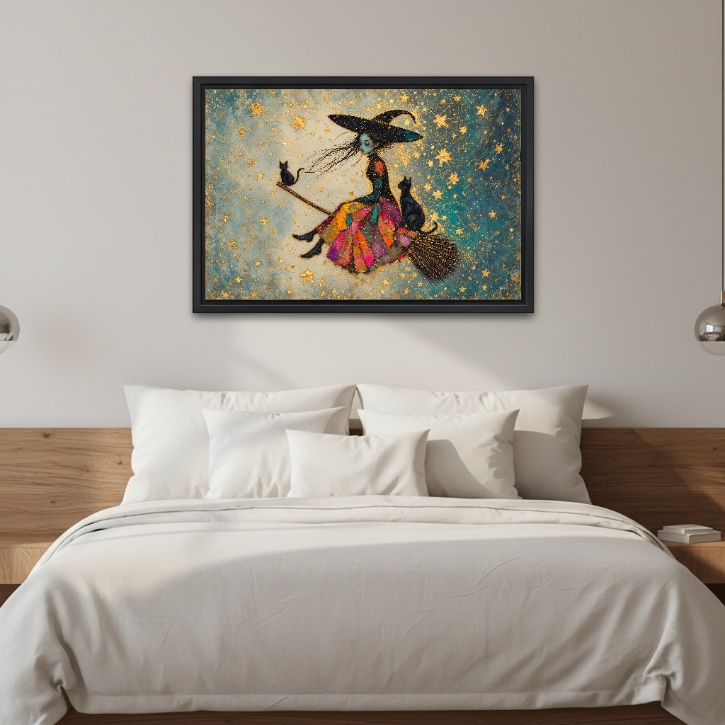 Patchwork Witch and Cats canvas art framed above a white bed in a neutral bedroom.