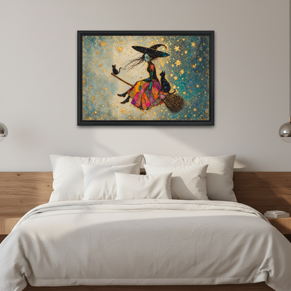 Patchwork Witch and Cats canvas art framed above a white bed in a neutral bedroom.
