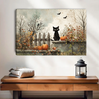 Autumn Garden Black Cat canvas art unframed above a wooden table and lantern.