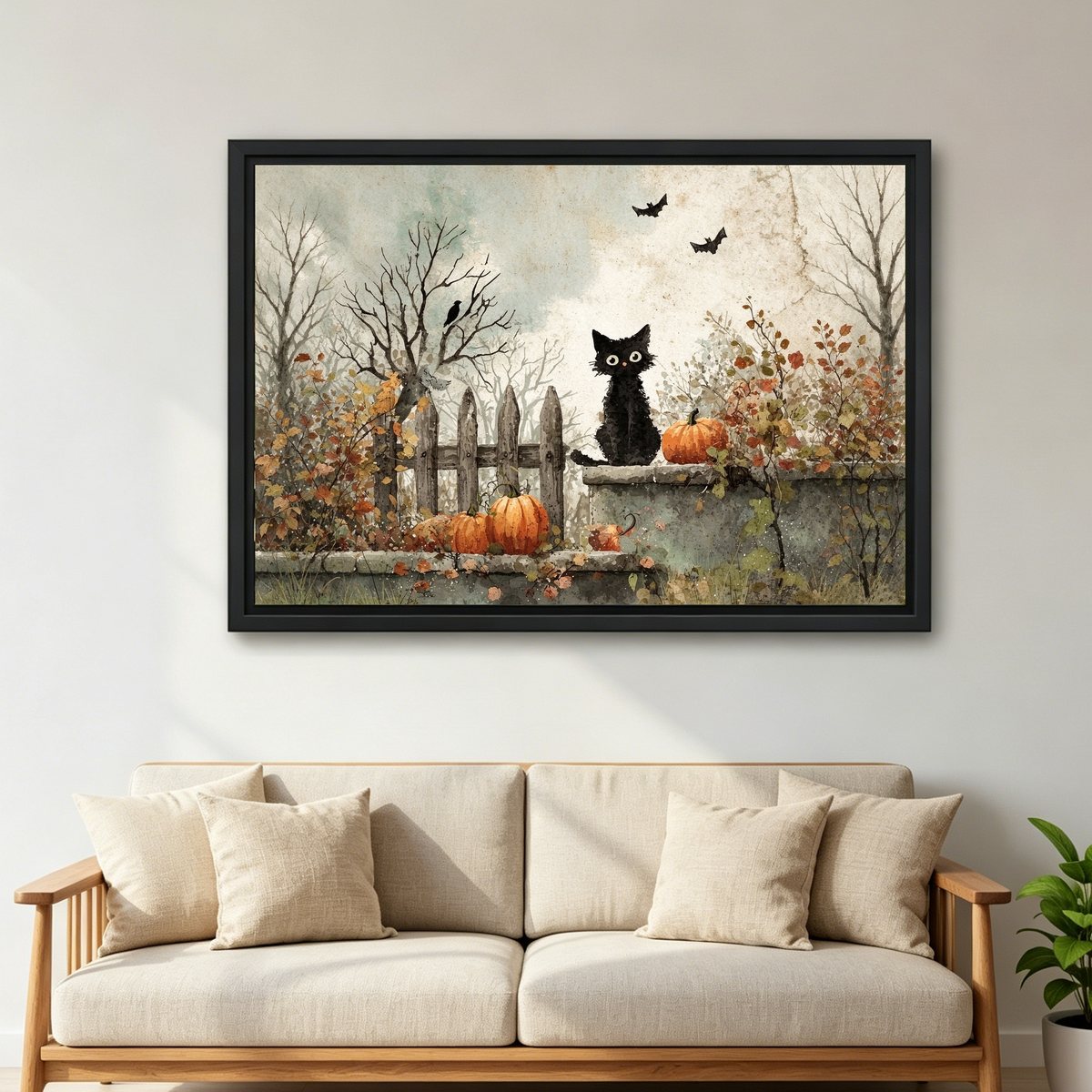 Autumn Garden Black Cat canvas art framed above a cream sofa with wooden arms.