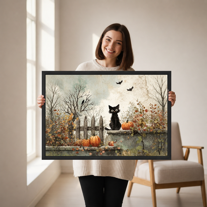 Autumn Garden Black Cat canvas art framed, held by a woman in a neutral room.