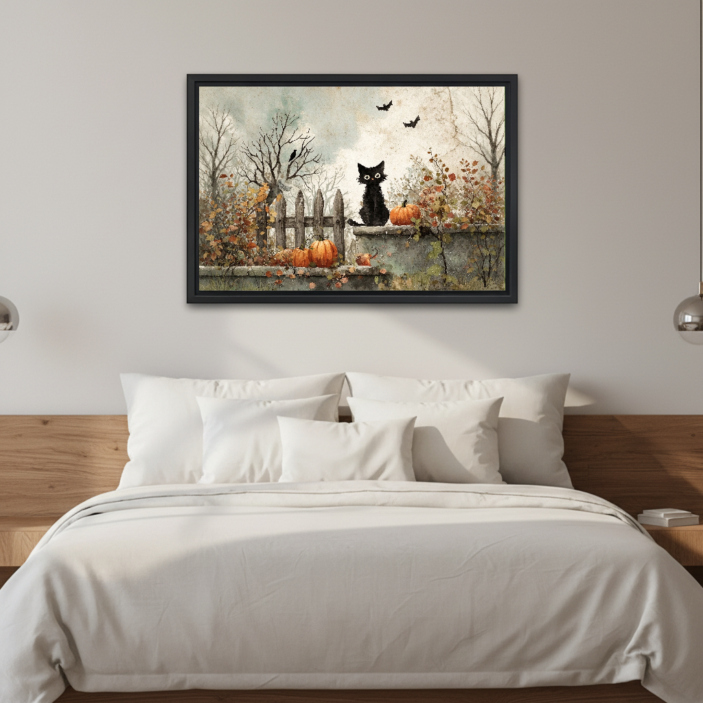 Autumn Garden Black Cat canvas art framed above a white bed in a neutral bedroom.
