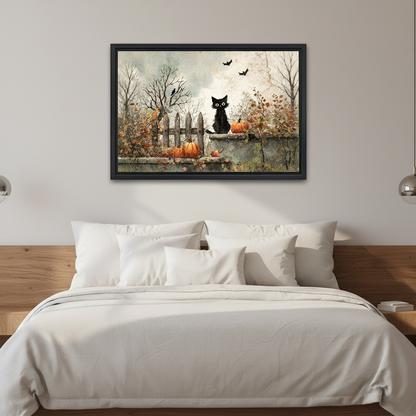 Autumn Garden Black Cat canvas art framed above a white bed in a neutral bedroom.
