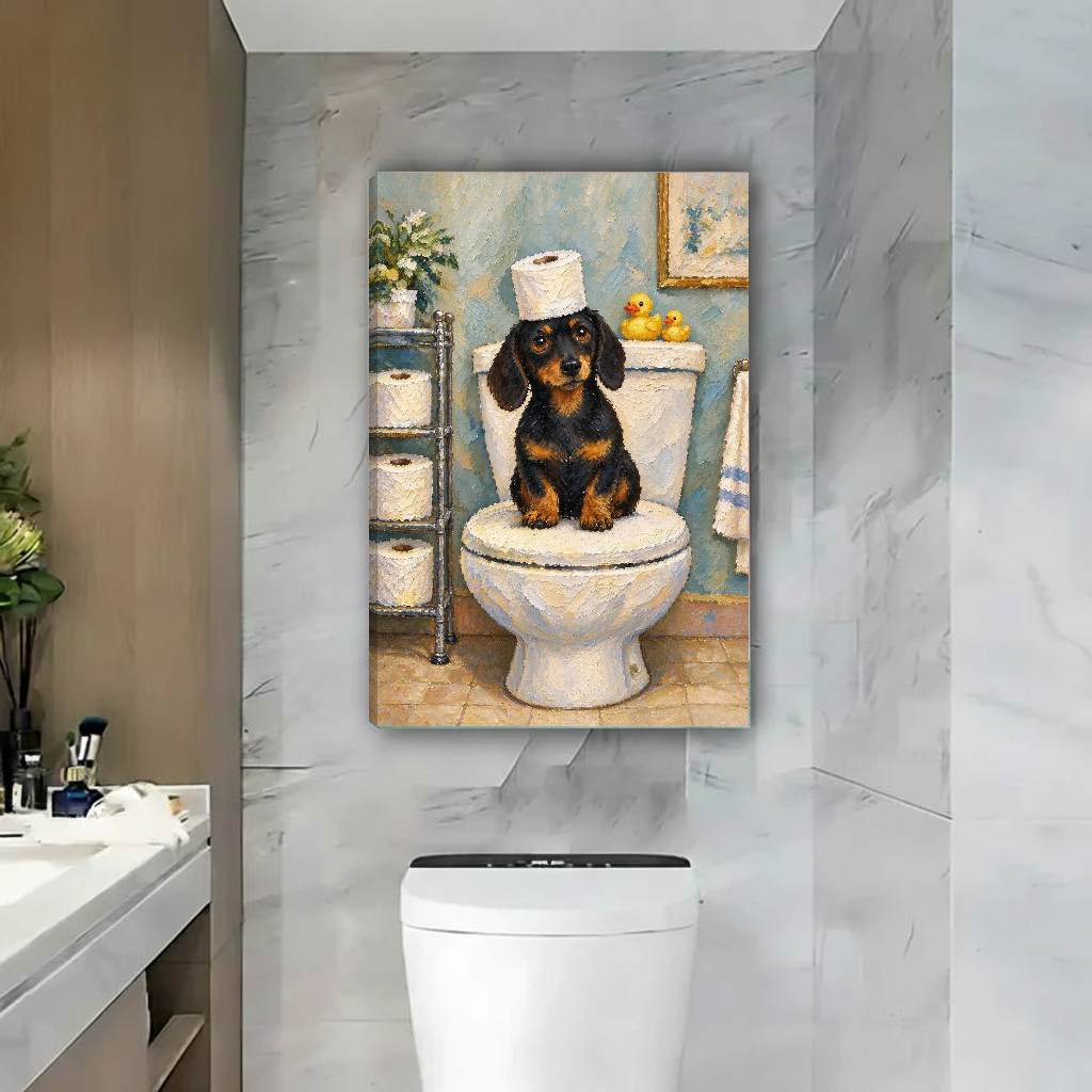 Funny Toilet Dachshund canvas art unframed above a white toilet on a marble wall.