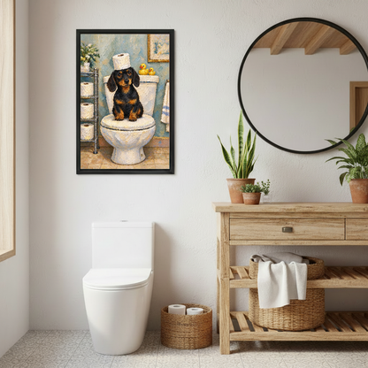 Funny Toilet Dachshund canvas art framed beside a wooden vanity and round mirror.