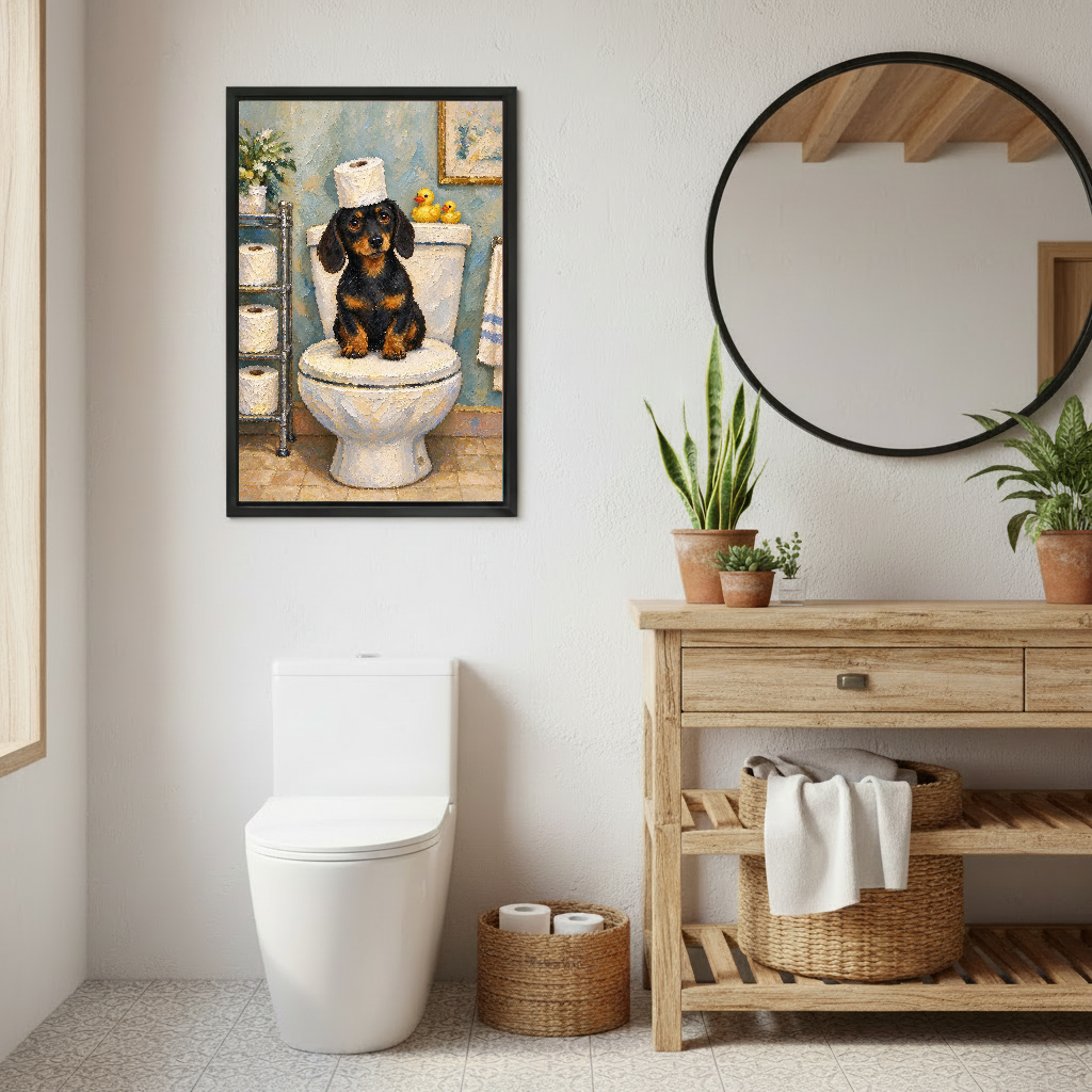 Funny Toilet Dachshund canvas art framed above a toilet beside a round bathroom mirror.