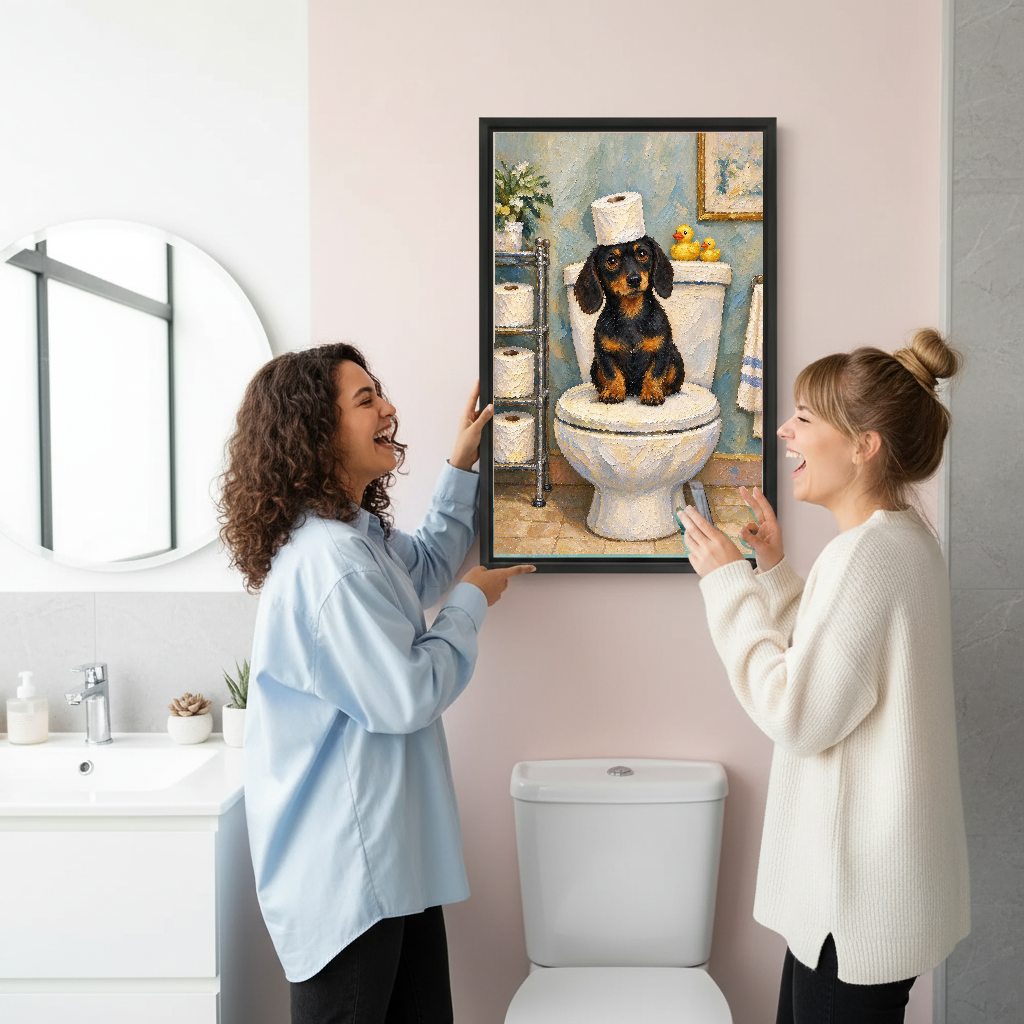 Funny Toilet Dachshund canvas art held framed while two women photograph it in a bathroom.