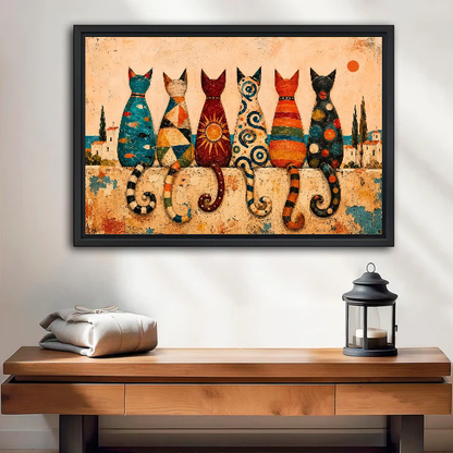 Colorful Mediterranean Folk Cats canvas art framed above a wooden table and lantern.