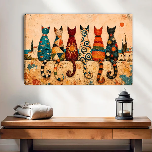Colorful Mediterranean Folk Cats canvas art unframed above a wooden table and lantern.