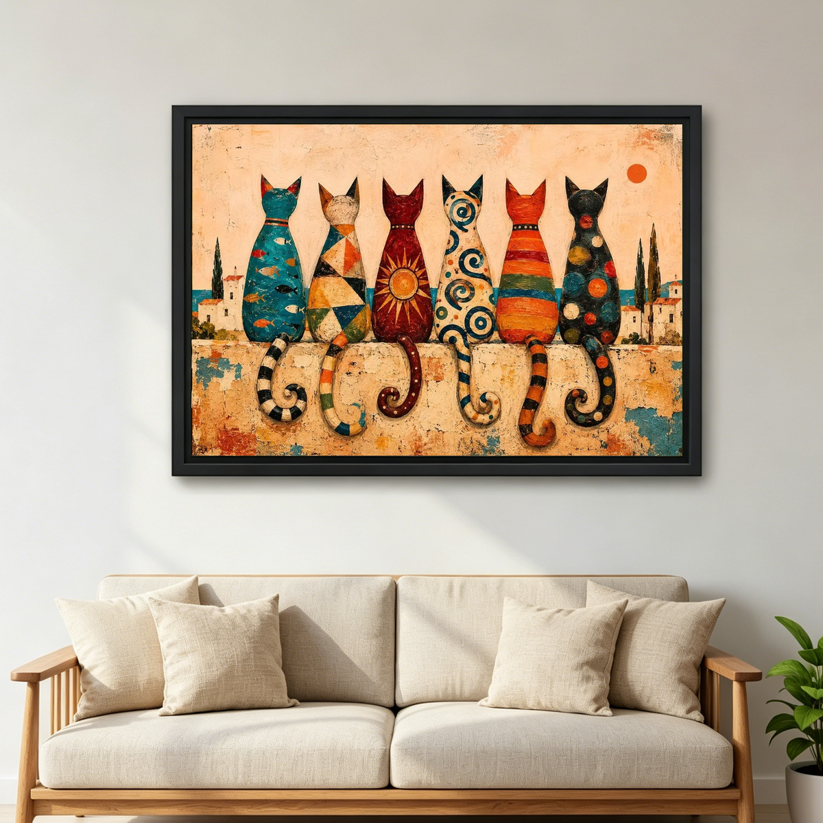 Colorful Mediterranean Folk Cats canvas art framed above a cream sofa with wooden arms.