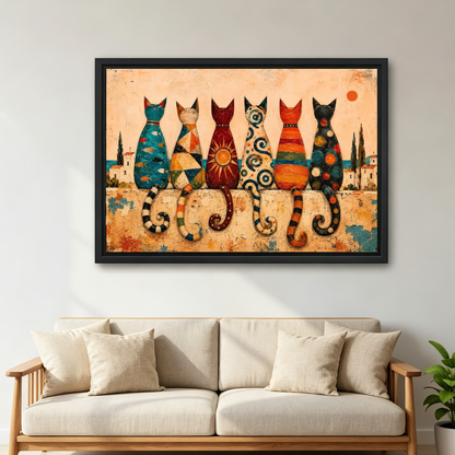 Colorful Mediterranean Folk Cats canvas art framed above a cream sofa with wooden arms.