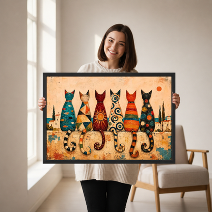 Colorful Mediterranean Folk Cats canvas art framed, held by a woman in a neutral room.