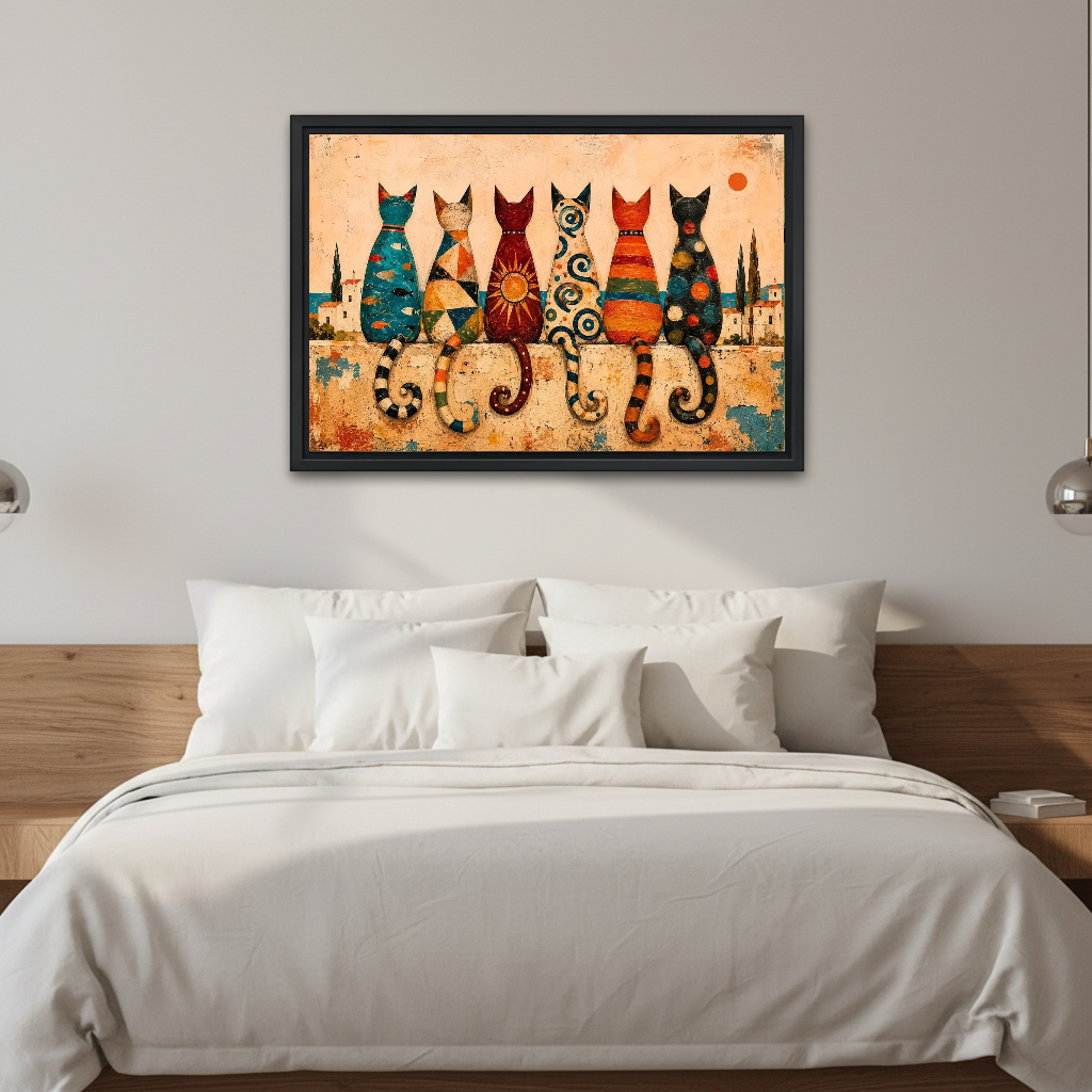 Colorful Mediterranean Folk Cats canvas art framed above a white bed in a neutral bedroom.