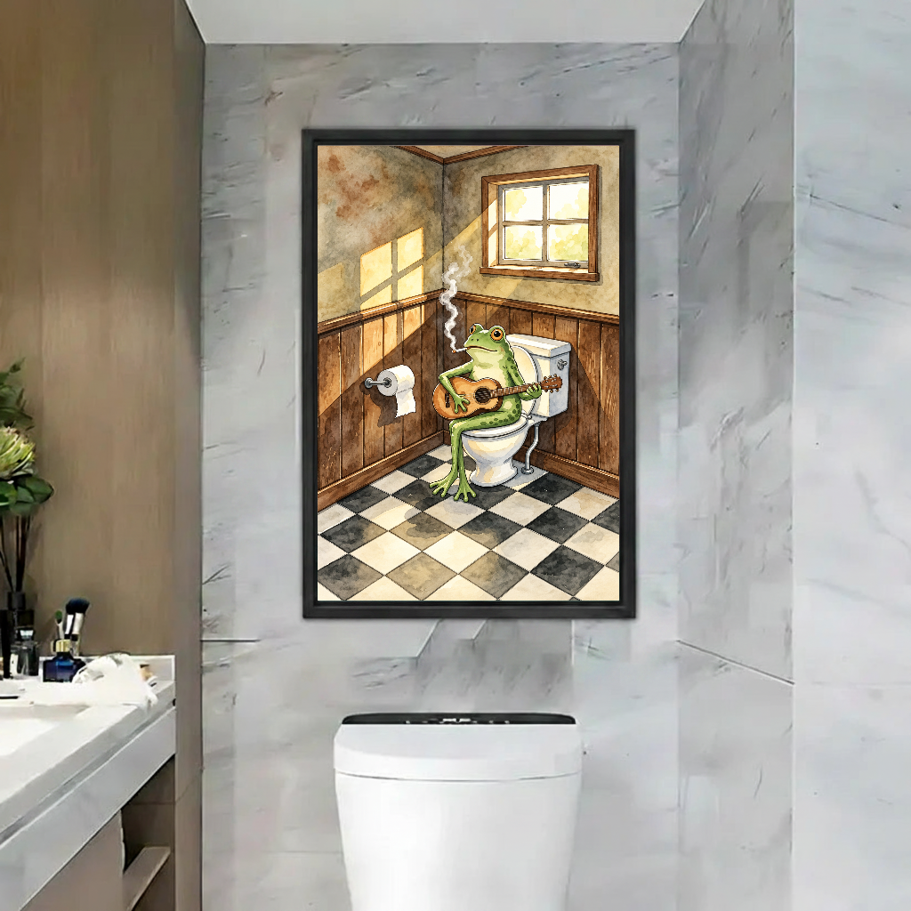 Bathroom Guitar Playing Frog canvas art framed above a white toilet on a marble wall.