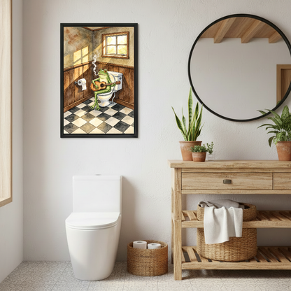 Bathroom Guitar Playing Frog canvas art framed above a toilet beside a round bathroom mirror.