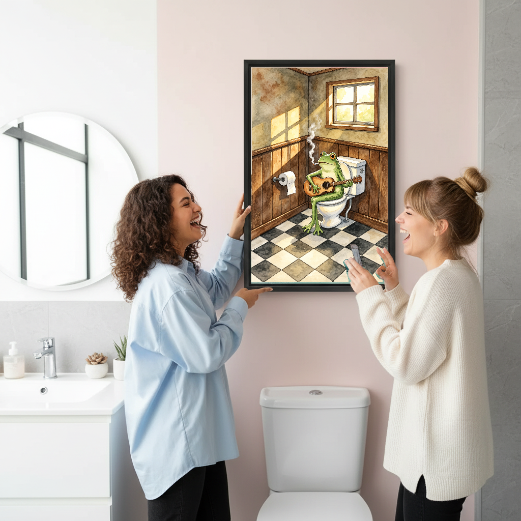 Bathroom Guitar Playing Frog canvas art held framed while two women photograph it in a bathroom.