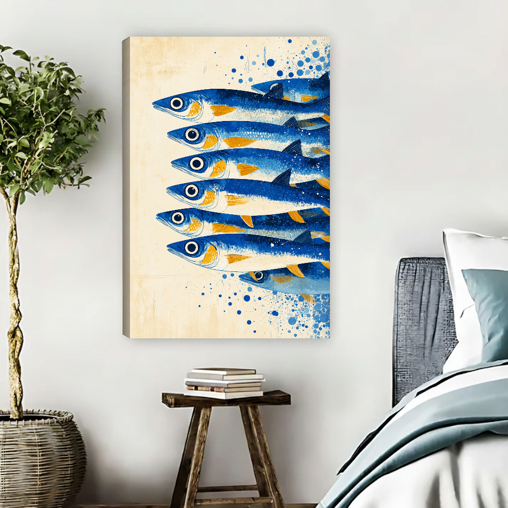Blue and Gold Swimming Sardines canvas art unframed beside muted blue bedding and a potted tree.