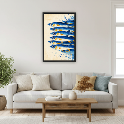 Blue and Gold Swimming Sardines canvas art framed above a pale sofa and wooden coffee table.