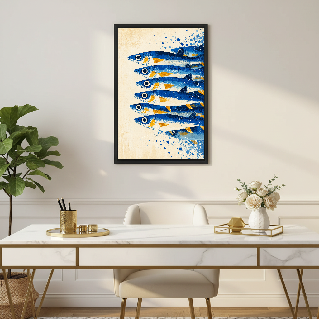 Blue and Gold Swimming Sardines canvas art framed above a slim gold desk with flowers.