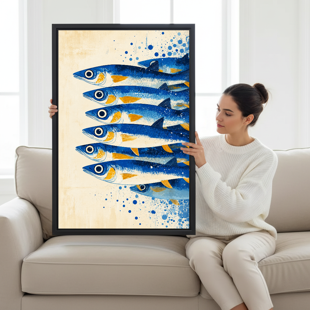 Blue and Gold Swimming Sardines canvas art held framed by a seated woman beside a window.