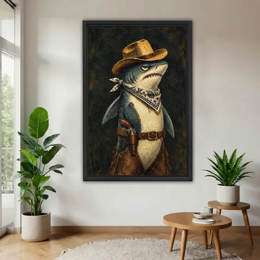 Black-framed cowboy shark wall art hanging on a white wall between green plants, above round wooden tables.