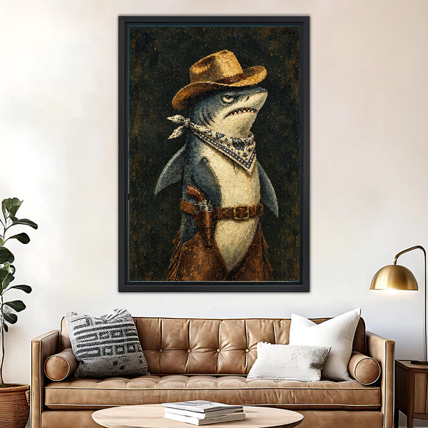 Western Cowboy Shark canvas art framed above a brown leather sofa and brass lamp.