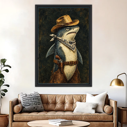 Western Cowboy Shark canvas art framed above a brown leather sofa and brass lamp.