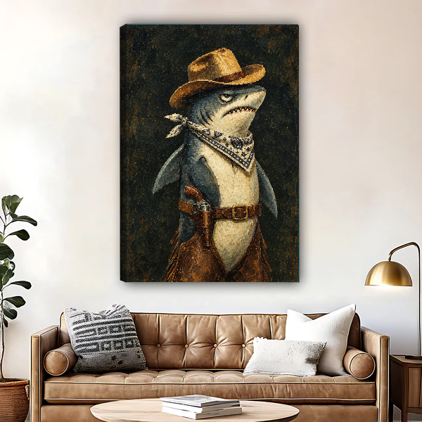 Western Cowboy Shark canvas art unframed above a brown leather sofa and brass lamp.