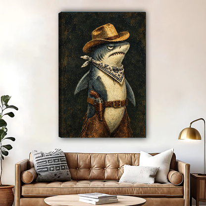 Western Cowboy Shark canvas art unframed above a brown leather sofa and brass lamp.
