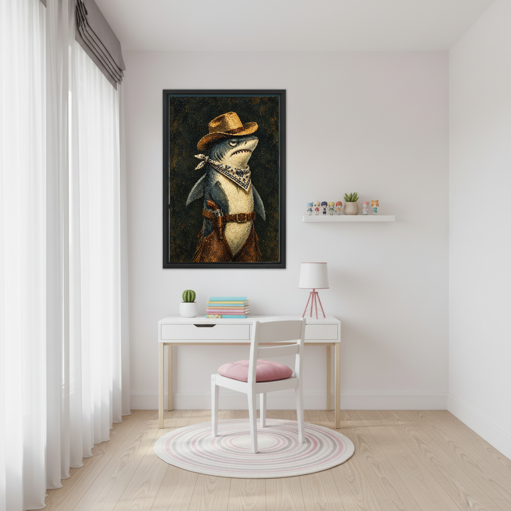 Western Cowboy Shark canvas art framed beside a white desk and pink chair.