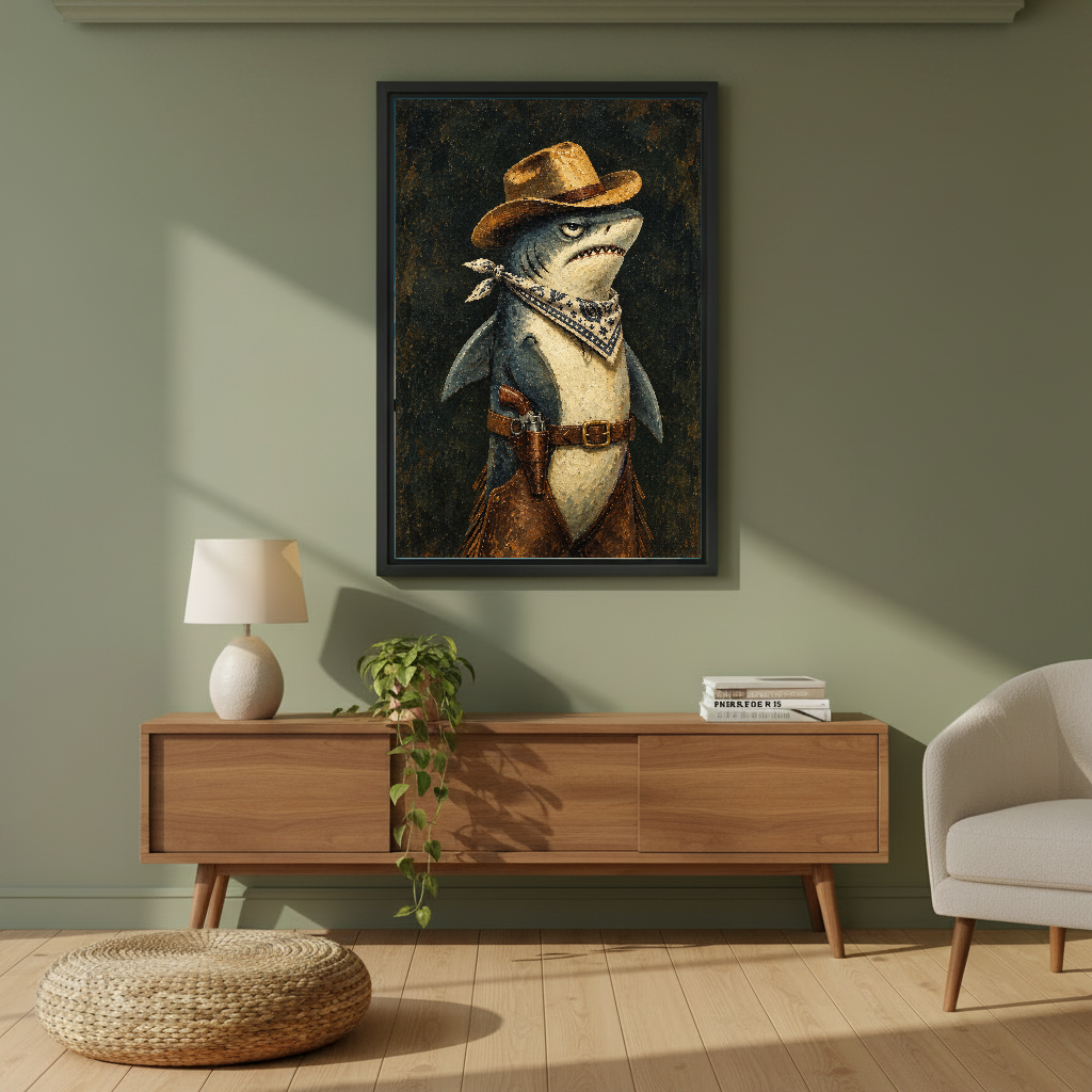 Western Cowboy Shark canvas art framed on a sage wall above a wooden sideboard.