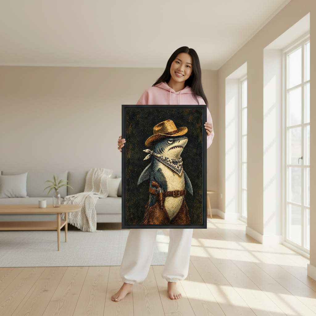 Western Cowboy Shark canvas art held framed by a woman wearing pink.