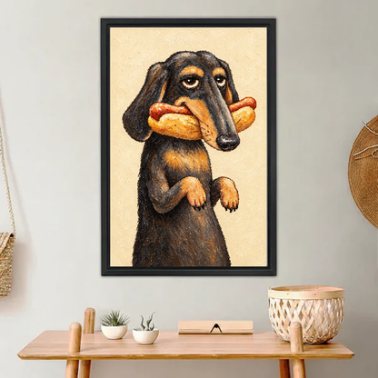 Funny Hotdog Dachshund canvas art framed above a wooden console with small plants.