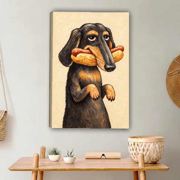 Funny Hotdog Dachshund canvas art unframed above a wooden console with woven accessories.