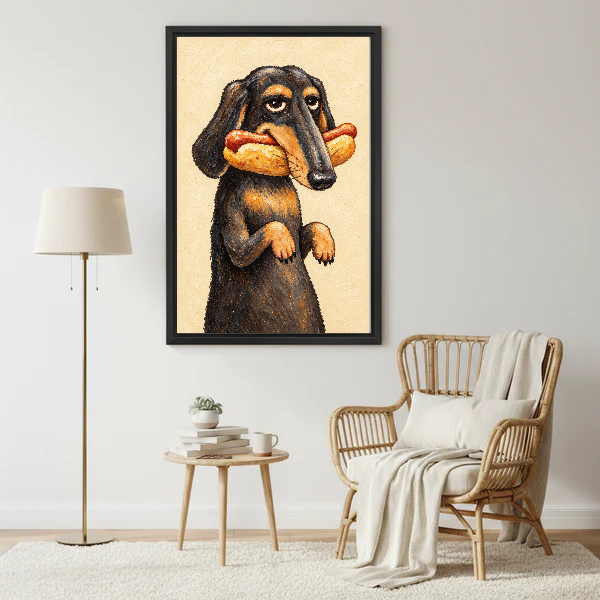 Funny Hotdog Dachshund canvas art framed above a rattan reading chair and cream throw.