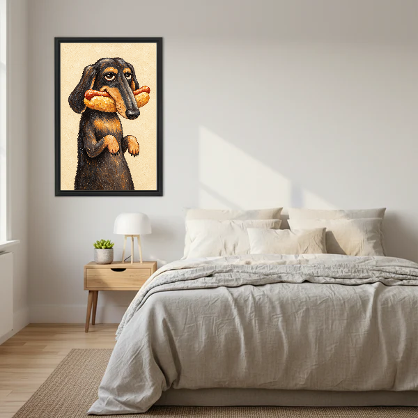 Funny Hotdog Dachshund canvas art framed above a cream bed with neutral bedding.