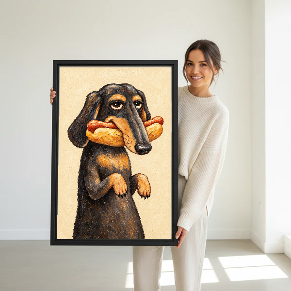 Funny Hotdog Dachshund canvas art held framed by a woman in a bright interior.