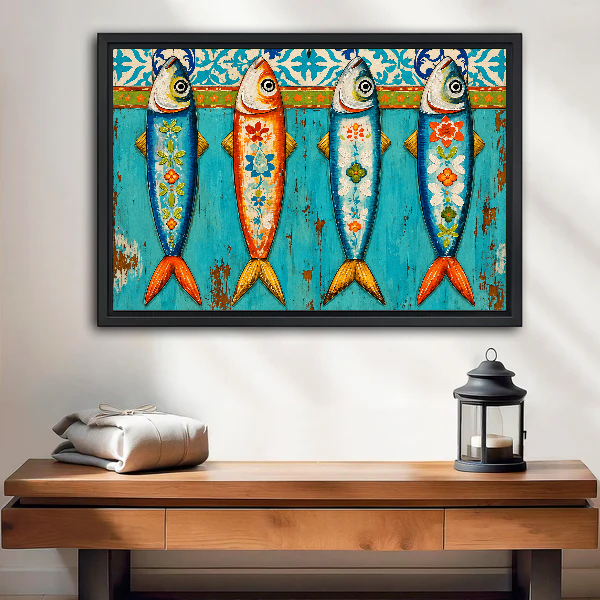Colorful Floral Folk Sardines canvas art framed above a wooden table and lantern.