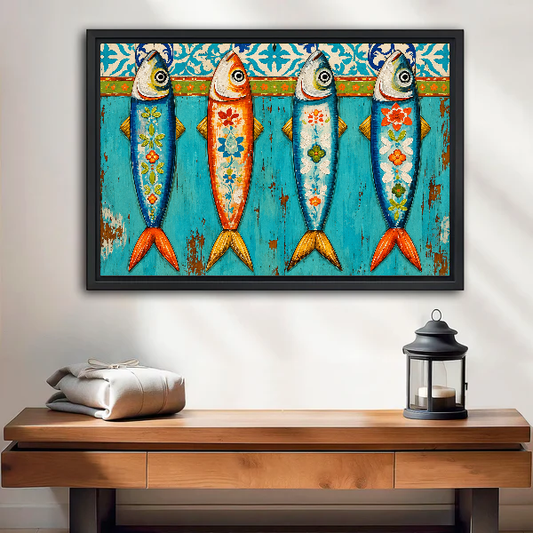 Colorful Floral Folk Sardines canvas art framed above a wooden table and lantern.