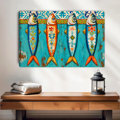 Colorful Floral Folk Sardines canvas art unframed above a wooden table and lantern.