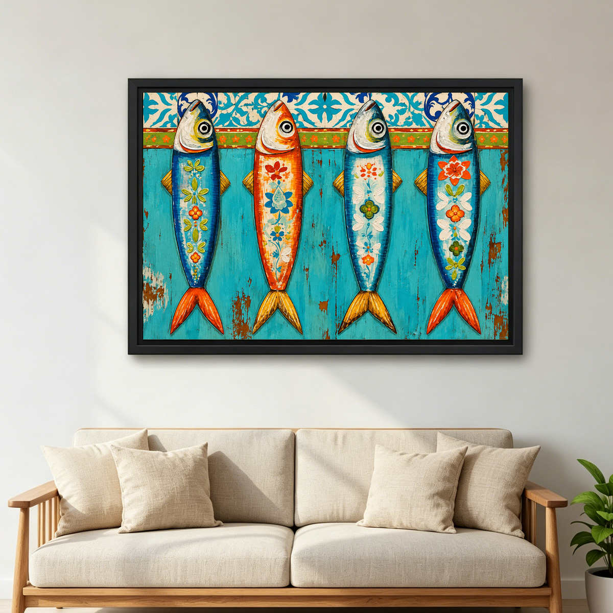 Colorful Floral Folk Sardines canvas art framed above a cream sofa with wooden arms.