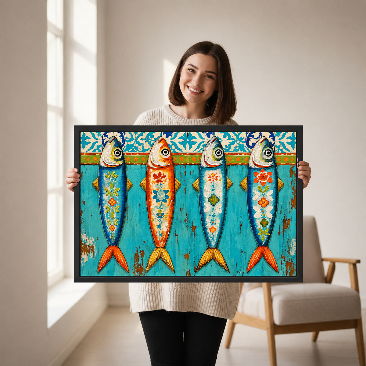 Colorful Floral Folk Sardines canvas art framed, held by a woman in a neutral room.