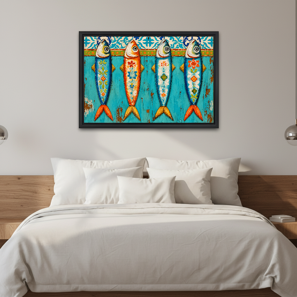 Colorful Floral Folk Sardines canvas art framed above a white bed in a neutral bedroom.