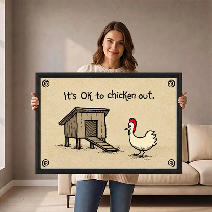 Chicken Out Funny Quote canvas art framed, held by a woman in a neutral room.