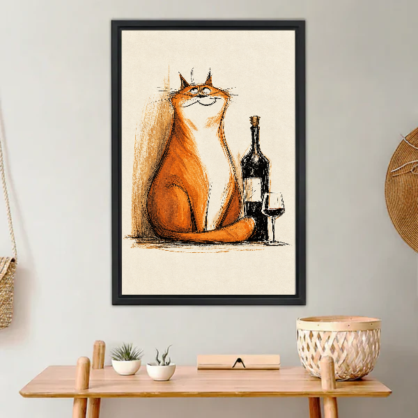 Orange Cat Wine Moment canvas art framed above a wooden console with small plants.