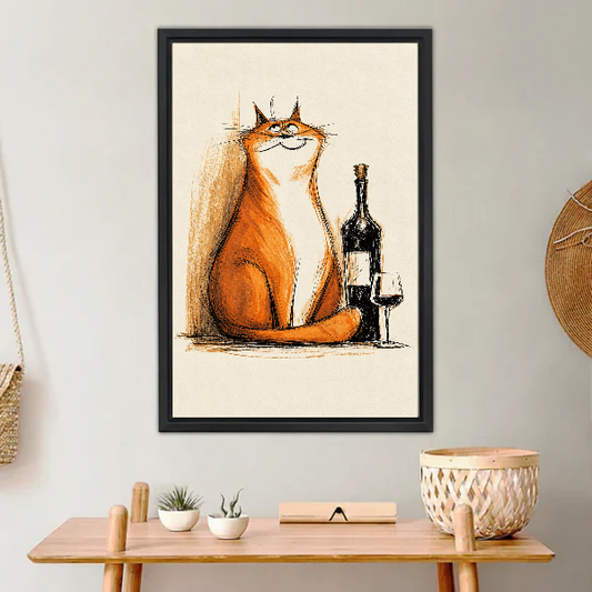 Orange Cat Wine Moment canvas art framed above a wooden console with small plants.