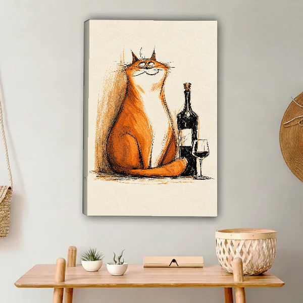 Orange Cat Wine Moment canvas art unframed above a wooden console with woven accessories.