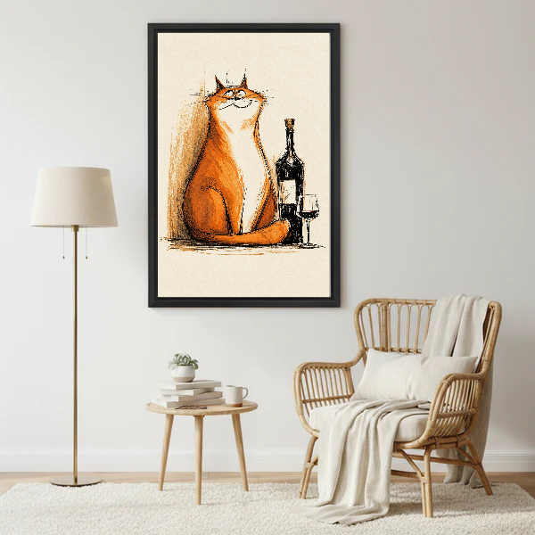 Orange Cat Wine Moment canvas art framed above a rattan reading chair and cream throw.