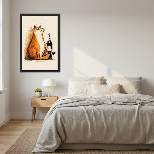 Orange Cat Wine Moment canvas art framed above a cream bed with neutral bedding.