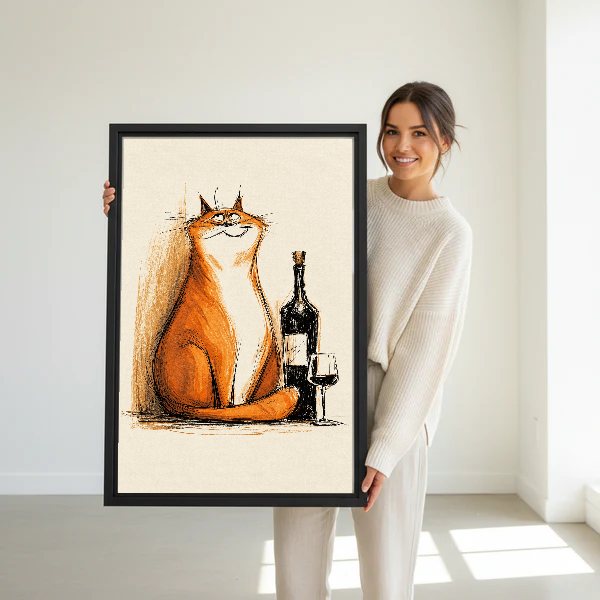 Orange Cat Wine Moment canvas art held framed by a woman in a bright interior.